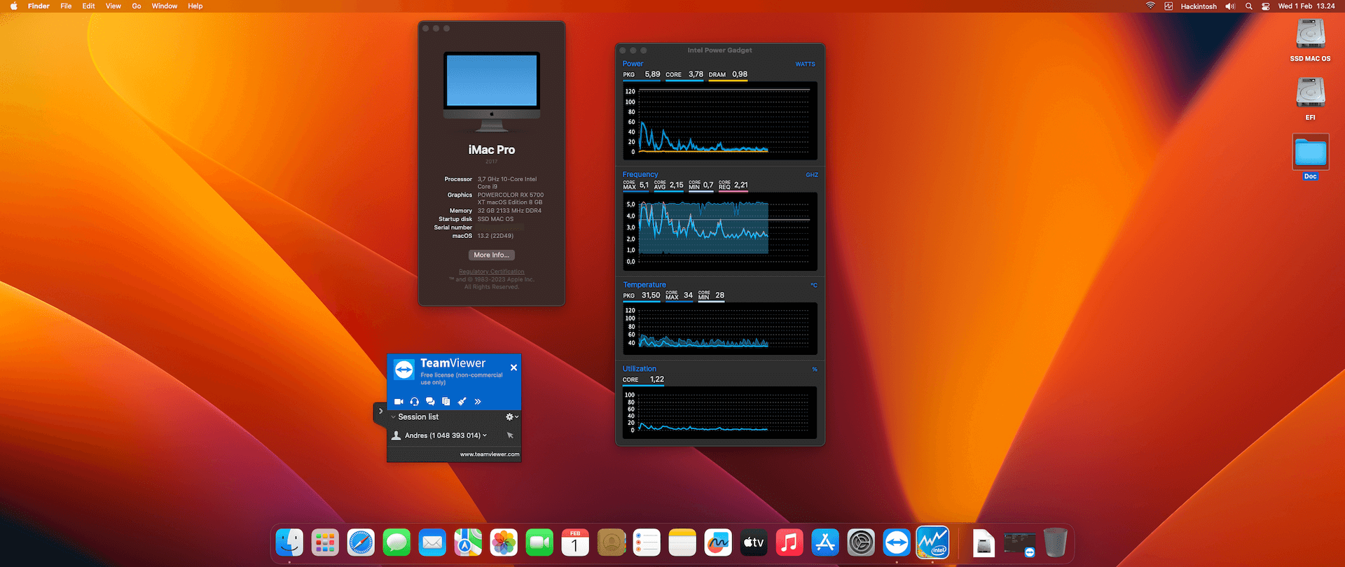 Success Hackintosh macOS Ventura 13.2 Build 22D49 in Asrock Z490 Extreme 4 + Intel Core i9 10900K + Power Color RX 5700 XT